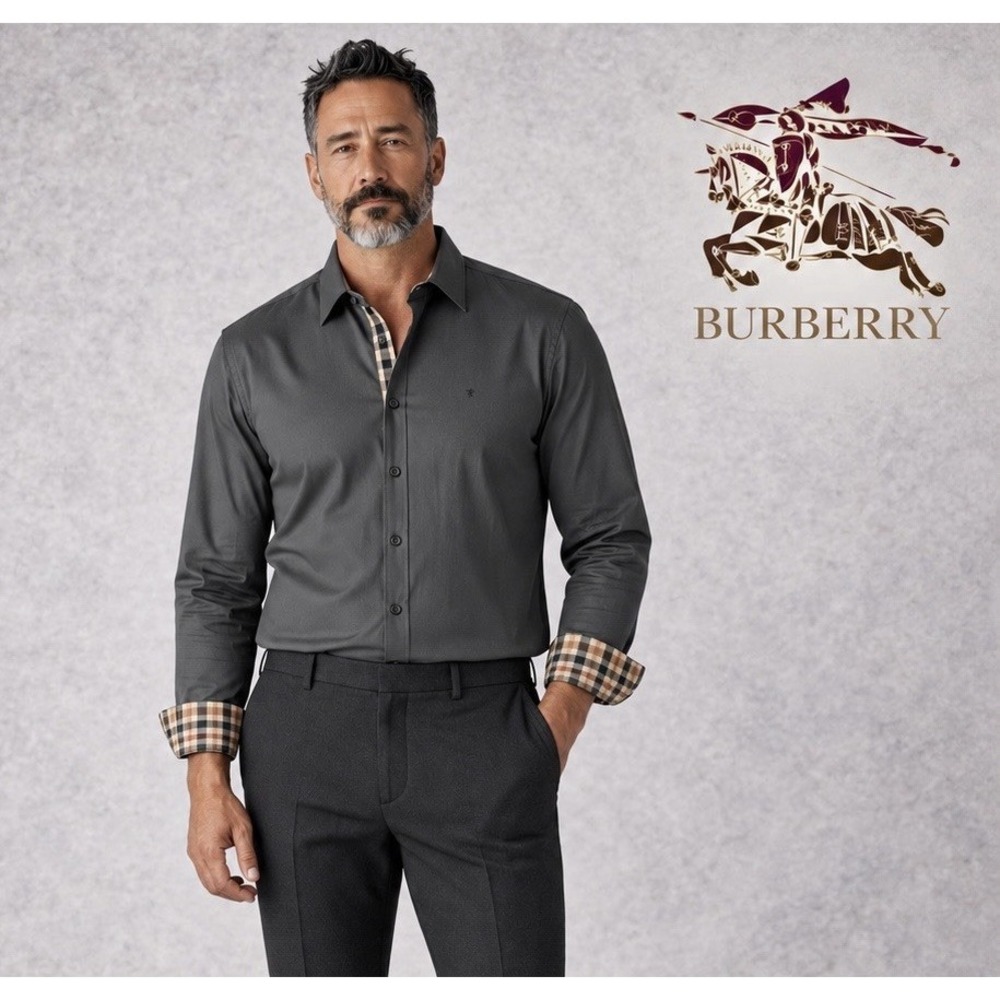 BURBERRY Brit Mens XXL Stone Grey Check Trim Stretch Cotton Button Up NWT